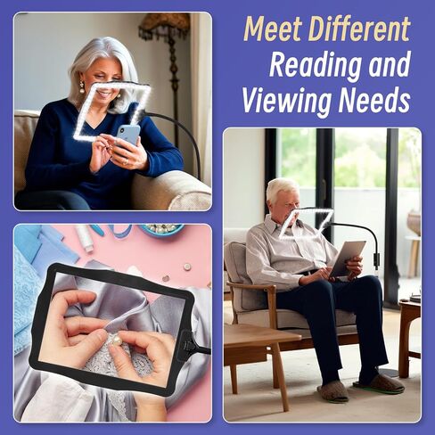 عدسة مكبرة كبيرة للأرضية مع ضوء وحامل، مصباح مكبر للأرضية بارتفاع 48 مصباح LED مضاء وقابل للتعديل مع رقبة معقوفة مرنة بزاوية 360 درجة، ومكبر بدون استخدام اليدين لقراءة العمل عن قرب وخياطة متقاطعة in Kuwait