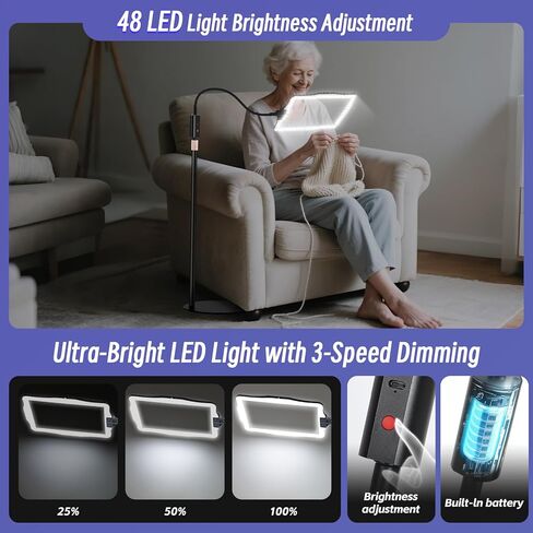 عدسة مكبرة كبيرة للأرضية مع ضوء وحامل، مصباح مكبر للأرضية بارتفاع 48 مصباح LED مضاء وقابل للتعديل مع رقبة معقوفة مرنة بزاوية 360 درجة، ومكبر بدون استخدام اليدين لقراءة العمل عن قرب وخياطة متقاطعة in Kuwait