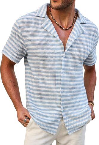 Men Cuban Striped Shirts Summer Beach Button Down Casual Hollow Out Crochet Top (S-XXL) in Saudi Arabia