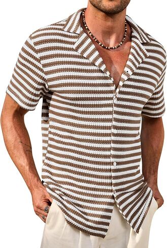 الرجال الكوبية قمصان مخططة الصيف الشاطئ زر أسفل عارضة الجوف خارج الكروشيه الأعلى (S-XXL) in Kuwait
