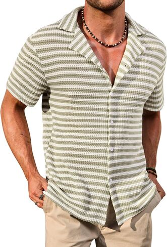 Men Cuban Striped Shirts Summer Beach Button Down Casual Hollow Out Crochet Top (S-XXL) in Saudi Arabia