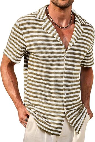 Men Cuban Striped Shirts Summer Beach Button Down Casual Hollow Out Crochet Top (S-XXL) in Saudi Arabia