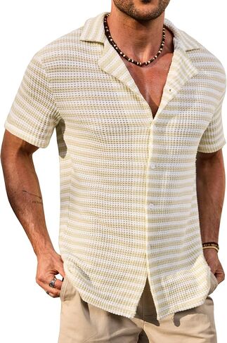 Men Cuban Striped Shirts Summer Beach Button Down Casual Hollow Out Crochet Top (S-XXL) in Saudi Arabia