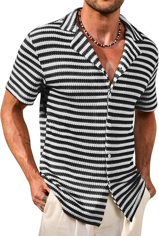 Men Cuban Striped Shirts Summer Beach Button Down Casual Hollow Out Crochet Top (S-XXL) in Saudi Arabia