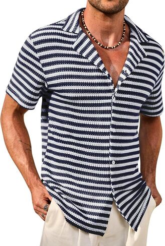 Men Cuban Striped Shirts Summer Beach Button Down Casual Hollow Out Crochet Top (S-XXL) in Saudi Arabia
