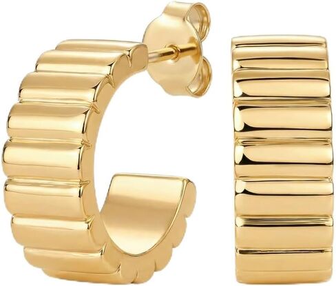 14K Gold Plated Ribbed Hoop Earrings for Women - Chunky Ridge Statement Earrings - Boho Puffy Croissant Huggie Hoops Trendy Gold Jewelry in Kuwait