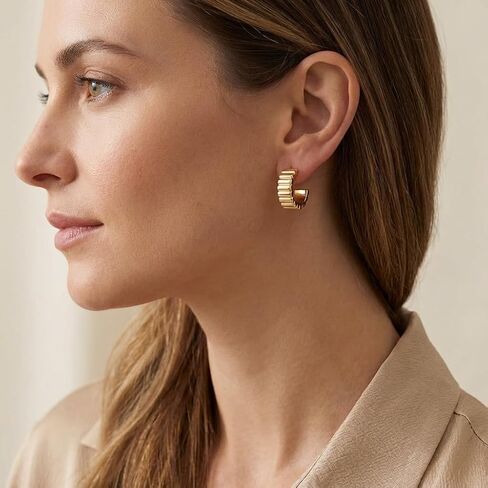 14K Gold Plated Ribbed Hoop Earrings for Women - Chunky Ridge Statement Earrings - Boho Puffy Croissant Huggie Hoops Trendy Gold Jewelry in Kuwait