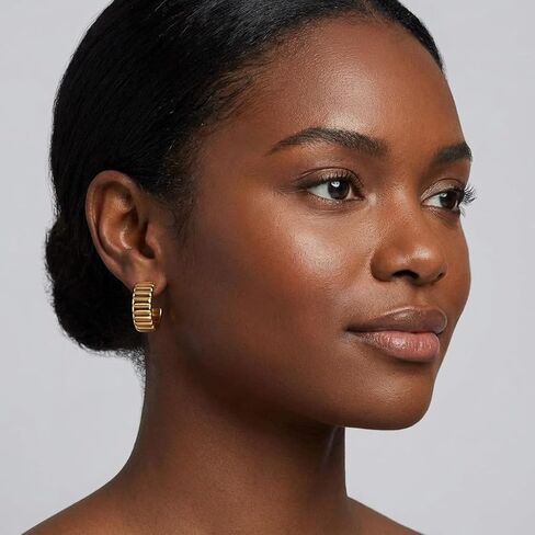 14K Gold Plated Ribbed Hoop Earrings for Women - Chunky Ridge Statement Earrings - Boho Puffy Croissant Huggie Hoops Trendy Gold Jewelry in Kuwait