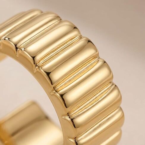 14K Gold Plated Ribbed Hoop Earrings for Women - Chunky Ridge Statement Earrings - Boho Puffy Croissant Huggie Hoops Trendy Gold Jewelry in Kuwait