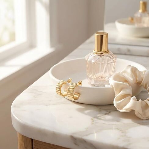 14K Gold Plated Ribbed Hoop Earrings for Women - Chunky Ridge Statement Earrings - Boho Puffy Croissant Huggie Hoops Trendy Gold Jewelry in Kuwait