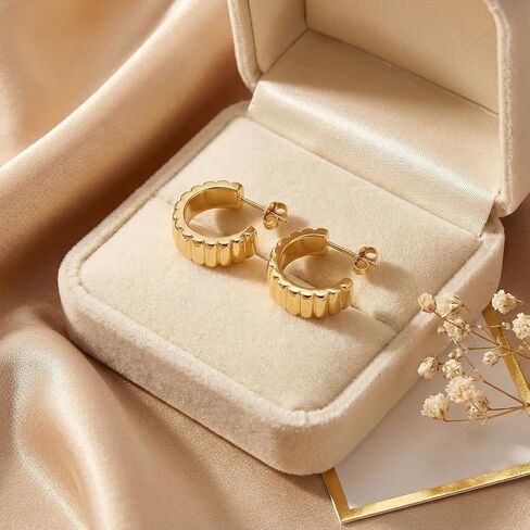 14K Gold Plated Ribbed Hoop Earrings for Women - Chunky Ridge Statement Earrings - Boho Puffy Croissant Huggie Hoops Trendy Gold Jewelry in Kuwait