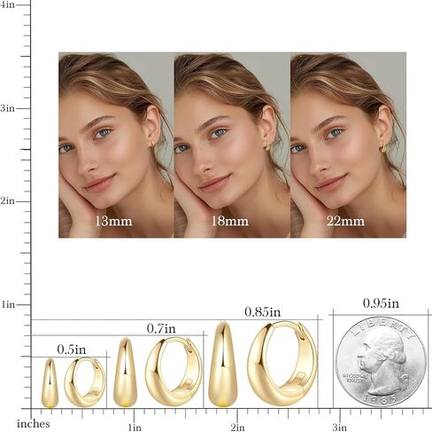 Hoop Earrings for Women 14K Gold Plated Earrings for Women Design Hypoallergenic Lightweight Hoop Earrings Hoops 13 MM/18 MM/22 MM in Kuwait