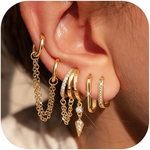 أقراط حلقية مطلية بالذهب عيار 14 قيراط لا تسبب الحساسية: أقراط متدلية صغيرة للنساء أنيقة من تشيكوسلوفاكيا هوجي أطواق موصل سلسلة أقراط غضروفية مكدسة مزيج وتطابق مجموعة أقراط مجوهرات 5 قطع in Kuwait