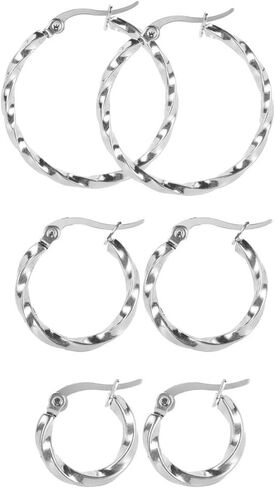 3 Pairs Twisted Stainless Steel Hoop Earrings Set for Women 14K Gold Plated Lightweight Dangle Earrings Silver Gold in Saudi Arabia