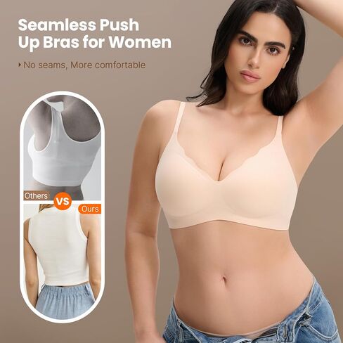 Deep V Neck Seamless T-Shirt Bra - Comfy Wireless Push-Up Bra for Women, Smooth Invisible No Underwire Bralette in Saudi Arabia