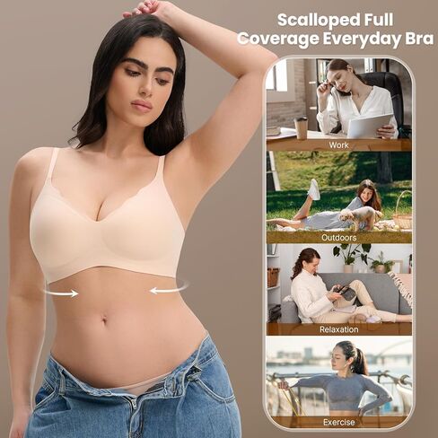 Deep V Neck Seamless T-Shirt Bra - Comfy Wireless Push-Up Bra for Women, Smooth Invisible No Underwire Bralette in Saudi Arabia