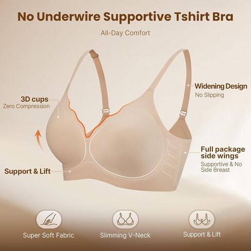 Deep V Neck Seamless T-Shirt Bra - Comfy Wireless Push-Up Bra for Women, Smooth Invisible No Underwire Bralette in Saudi Arabia
