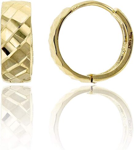 14K Yellow Solid Gold Diamond Cut Huggie Earring | Various Sizes: 1x10mm-4.50x18mm | Diamond Cut Huggies | Solid Gold Earrings for Women in Saudi Arabia