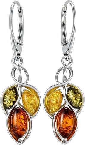 HolidayGiftShops مجوهرات العنبر للنساء - أقراط كهرمان متعددة الألوان من الفضة الإسترلينية والبلطيق، سوار كهرمان، قلادة كهرمان قلادة لشهر أبريل - مجموعة مجوهرات من الفضة الإسترلينية in Kuwait