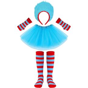 4pcs Blue Tulle Tutu Costume Set Blue Tutu Cosplay Set with Tutu Skirt Fuzzy Headbands Red Blue High Socks Sleeves for World Book Day Halloween Cosplay in Kuwait