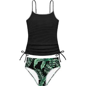 Girls Tankini Swimsuit 2 Piece Set Unique Edge Girl Bathing Suit with Drawstring + Swim Briefs Swimwear Set for 9-16Y in Kuwait