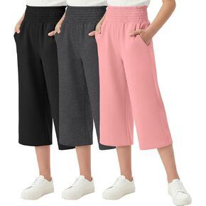 3 Pack Girls Capri Pants High Waist Wide Leg Capri Sweatpants Summer Casual Workout Cropped Pants with Pockets in Kuwait