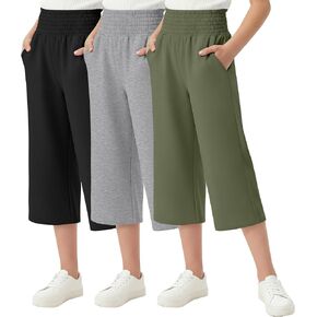 3 Pack Girls Capri Pants High Waist Wide Leg Capri Sweatpants Summer Casual Workout Cropped Pants with Pockets in Kuwait