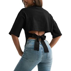 Women's Y2K Open Back Shirts Adjustable Tie Back Cinched Waist Crop Tops Half Sleeves Crew Neck Pullover Cotton Tees in Saudi Arabia