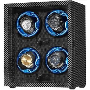 4 Watch Winder for Automatic Watches, Wooden Rotating Watch Case 4 Rotation Modes Setting Display Box with LED Light, USB Powered Super Quiet(Black Carbon Fiber) in Saudi Arabia