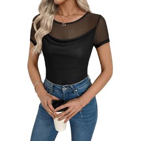 EVALESS Womens Going Out Tops Sexy Lace Mesh Sheer Shirts Trendy Summer Casual Crewneck Short Sleeve Date Night Outfits in Kuwait