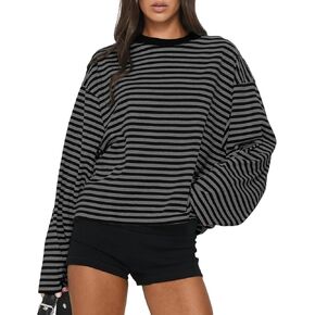 Cioatin Women Oversized Long Sleeve Striped Tee Shirt Tops Y2K Aesthetic Preppy Crewneck Sweatshirt Pullover Fall Outfits in Kuwait