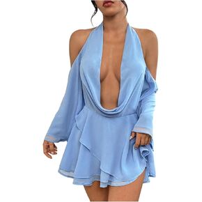 Verdusa Women's Cold Shoulder Draped Deep V Neck Halter Dress Tie Backless Ruffle Layered Mini Dress in Saudi Arabia