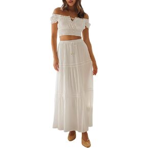Womens Two Piece Summer Boho Outfit Off Shoulder Crop Top Maternity High Waist Maxi Skirt Beachear in Kuwait