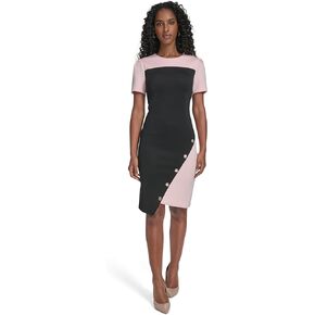 Tommy Hilfiger Women's Short Sleeve Jewel Neck Colorblock Studded Asymmetrical Hem Crepe Mini Dress in Kuwait
