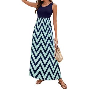 Sherosa Women's Summer Sleeveless Boho Floral Maxi Dresses Chevron Striped Casual Tank Flowy Long Sundress Beach Vacation in Kuwait