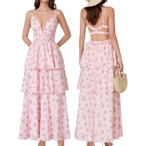GLNEGE Womens Summer Floral Maxi Dresses Spaghetti Strap Boho Tiered Flowy Beach Dress for Wedding Guest Tea Party Sundress in Kuwait