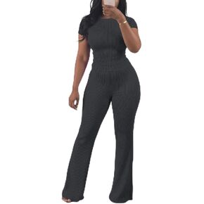 HBQ Women Two Piece Outfit Ribbed Short Sleeve V Neck Polo Top and Flare Pants Casual Lounge Sets Tracksuit in Kuwait