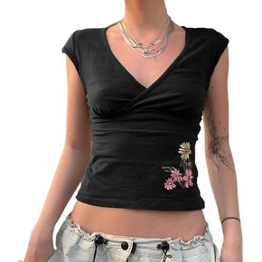 Fairy Grunge Cottagecore Top 2000s Mcbling Graphic Teen Girls Clothes Y2k V Neck Floral Whimsy Twee Shirt Women in Kuwait