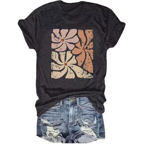 تي شيرت نسائي عتيق مزين بالزهور تي شيرت بوهو زهور جرافيك تي شيرت لطيف على شكل زهور برية قميص صيفي غير رسمي بأكمام قصيرة in Kuwait