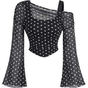 Women's Y2K Lettuce Trim Long Bell Sleeve 2 in 1 T Shirts Mesh Asymmetrical Neck Ruched Tee Shirts Crop Top in Kuwait