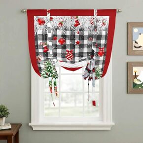 Red Christmas Tie Up Curtains for Window, Xmas Snowman Balls Tree Gifts Black Plaid Thermal Insulated Balloon Shade Adjustable Rod Pocket Curtains Valance Panels for Kitchen Bathroom Café 42'' x 54'' in Saudi Arabia