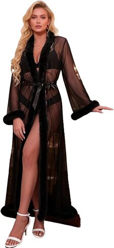ohyeahlady Women Long Kimono Robe Plus Size Sexy Sheer Mesh Fur Robe Lingerie Feather Bridal Robe in Kuwait