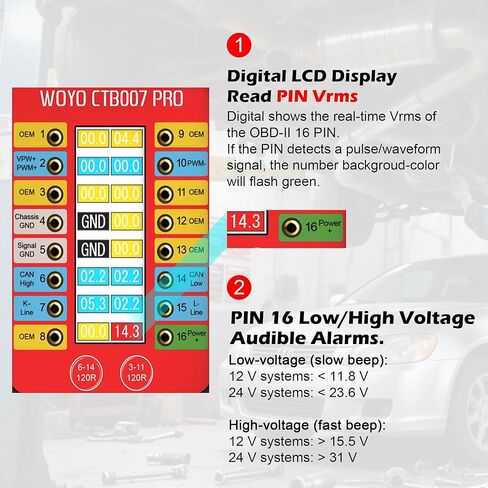 صندوق اختراق WOYO CTB007 PRO 12V/24V obd2 مع شاشة LCD 16PIN Vrms، صندوق اختبار CAN مع 120Ω مدمج لأداة اختبار ECU على المقعد، كابل تمديد 27 بوصة in Kuwait
