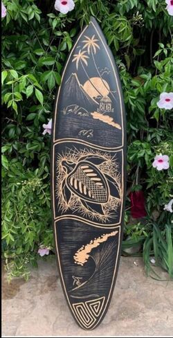 The Tiki Stop Handcrafted Wooden Surfboard Wall Art, Sea Turtle, Surfer, Tropical Island Design, 39 x 10 inches in Saudi Arabia