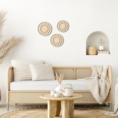 3Pcs Boho Wall Decor, Wooden Modern Circle Wall Art, Neuyral Minimalist Aesthetic Wood Decoration for Nursery Kids Room Living Room Kitchen Bedroom Office (Burlywood) in Kuwait