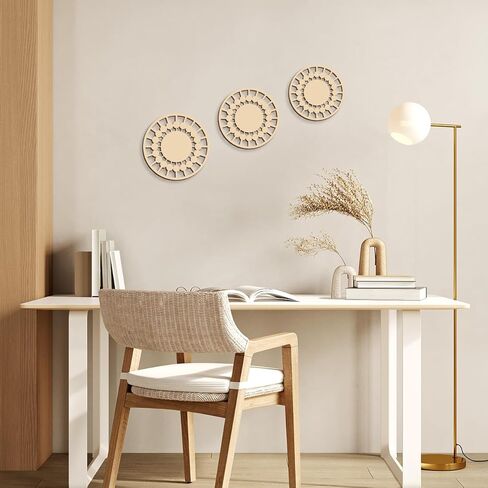 3Pcs Boho Wall Decor, Wooden Modern Circle Wall Art, Neuyral Minimalist Aesthetic Wood Decoration for Nursery Kids Room Living Room Kitchen Bedroom Office (Burlywood) in Kuwait