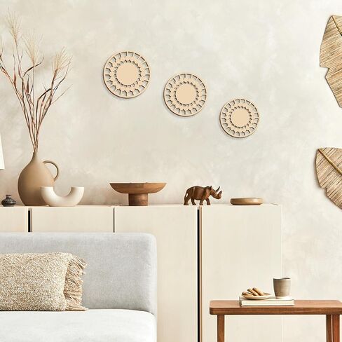 3Pcs Boho Wall Decor, Wooden Modern Circle Wall Art, Neuyral Minimalist Aesthetic Wood Decoration for Nursery Kids Room Living Room Kitchen Bedroom Office (Burlywood) in Kuwait