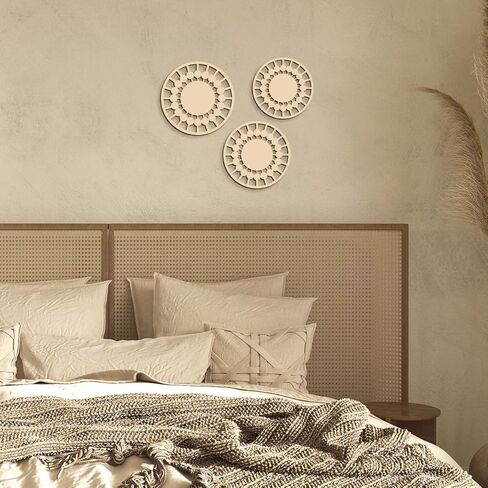 3Pcs Boho Wall Decor, Wooden Modern Circle Wall Art, Neuyral Minimalist Aesthetic Wood Decoration for Nursery Kids Room Living Room Kitchen Bedroom Office (Burlywood) in Kuwait