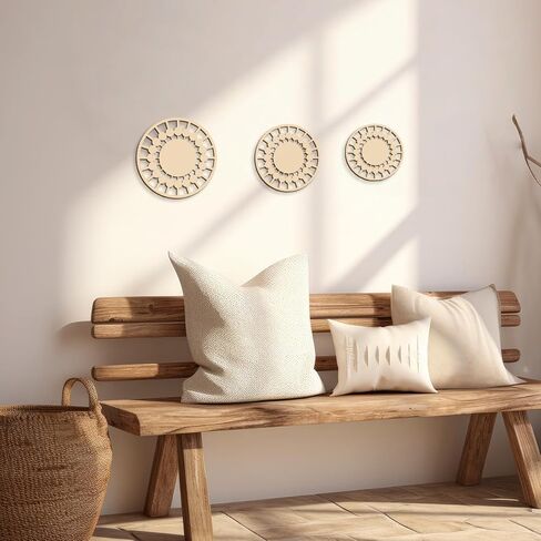 3Pcs Boho Wall Decor, Wooden Modern Circle Wall Art, Neuyral Minimalist Aesthetic Wood Decoration for Nursery Kids Room Living Room Kitchen Bedroom Office (Burlywood) in Kuwait