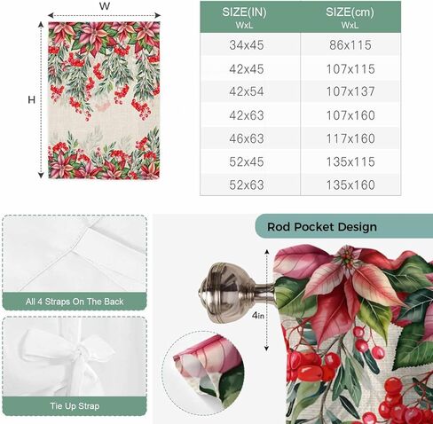 Red Christmas Tie Up Curtains for Window, Poinsettia Berry Xmas Botanical Rustic Thermal Insulated Balloon Shade Adjustable Rod Pocket Curtains Valance Panels for Kitchen Bathroom Café 46'' x 63'' in Saudi Arabia